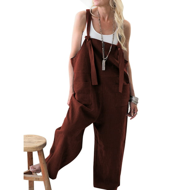 Ladies Cotton Linen Dungarees Jumpsuit Loose Casual Overalls Playsuits Plus Size